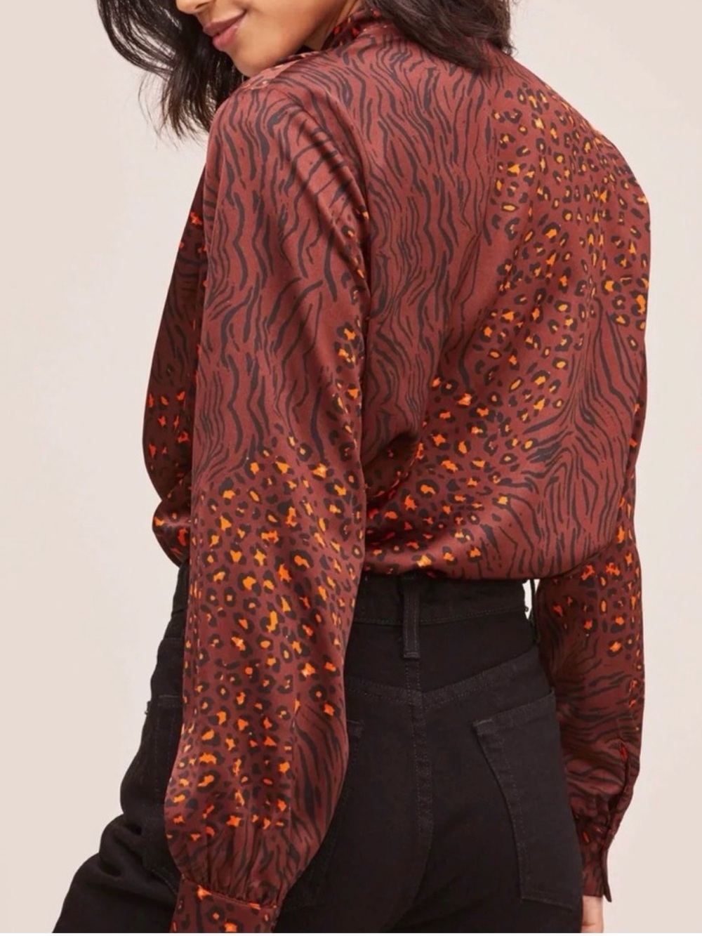 Astr Brown and Orange Animal-Print Satin Wrap Bodysuit NWOT - Picture 5 of 10